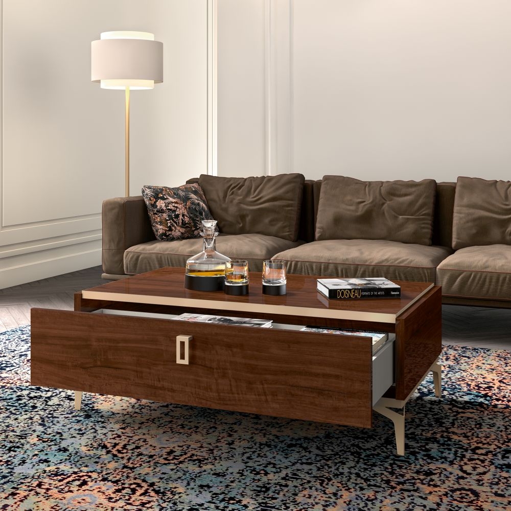 Product photograph of Status Eva Day Walnut Brown Italian 1 Drawer Coffee Table from Choice Furniture Superstore.